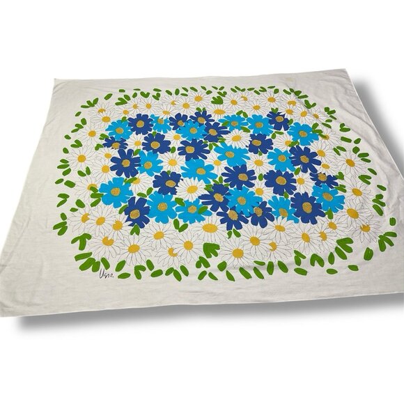 Vtg Signed Vera Neumann Blue Daisy Tablecloth 51x66” White Yellow Floral Flowers - Picture 1 of 15